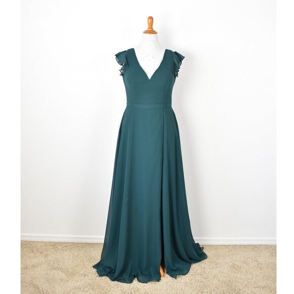 Azazie Dresses & Skirts - Azazie CLAUDINE Pine A-Line Flutter Sleeve Chiffon Dress NEW - 12